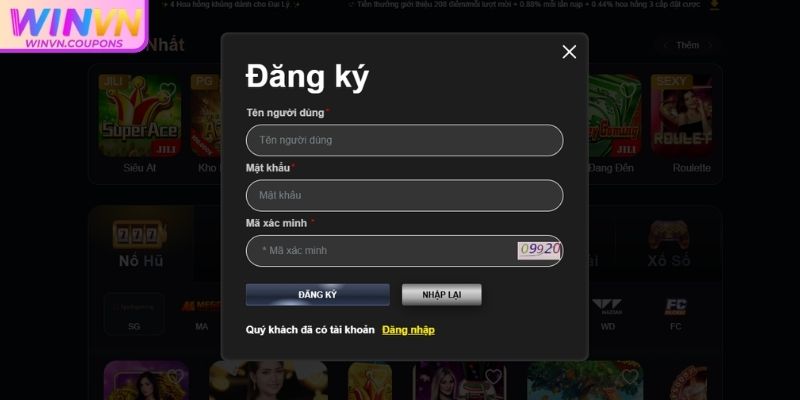 Truy cập trang chủ WinVN và bắt đầu quy trình đăng ký