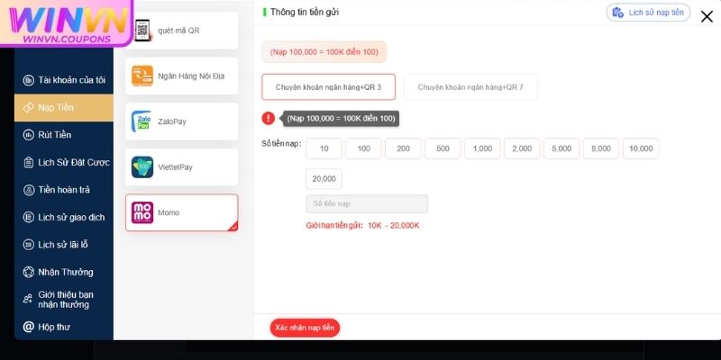 Nạp rút tiền WinVN qua ví Momo